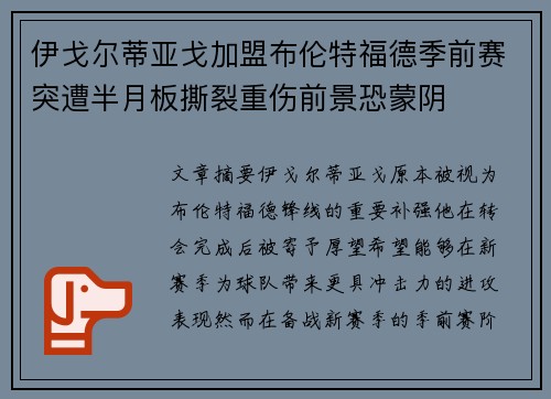 伊戈尔蒂亚戈加盟布伦特福德季前赛突遭半月板撕裂重伤前景恐蒙阴 伊戈尔蒂亚戈加盟布伦特福德季前赛突遭半月板撕裂重伤前景恐蒙阴
