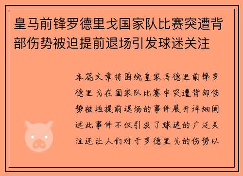 皇马前锋罗德里戈国家队比赛突遭背部伤势被迫提前退场引发球迷关注 皇马前锋罗德里戈国家队比赛突遭背部伤势被迫提前退场引发球迷关注
